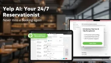 Yelp AI reservation system on tablet and laptop screens in a restaurant setting.