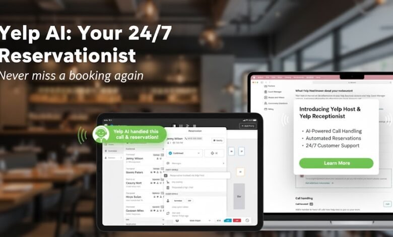Yelp AI reservation system on tablet and laptop screens in a restaurant setting.