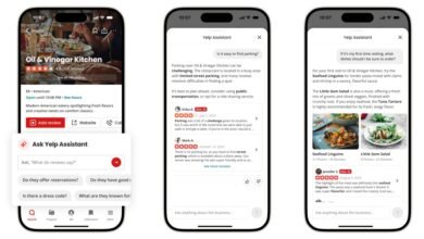 Three phone screens showing the Yelp app interface with restaurant information and AI assistant.
