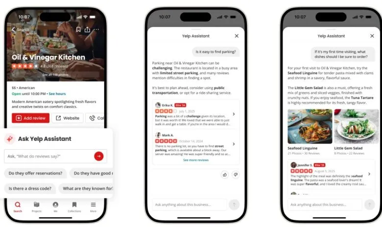 Three phone screens showing the Yelp app interface with restaurant information and AI assistant.