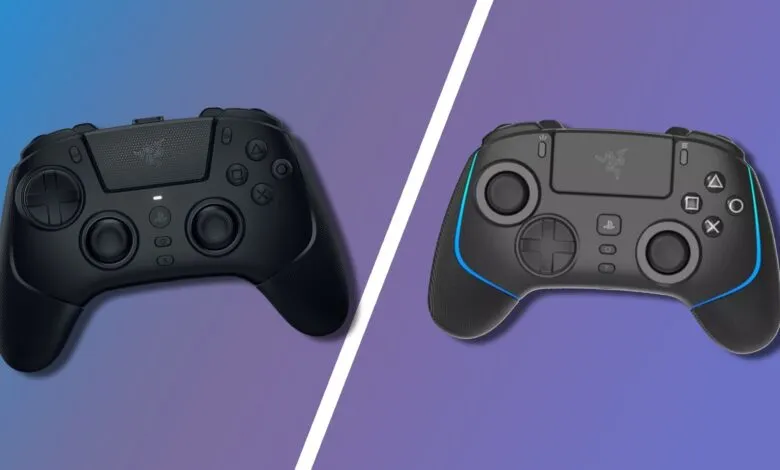 Two black Razer gaming controllers side-by-side against a gradient background.