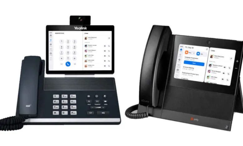 Two modern business desk phones with touchscreens and Yealink and Poly branding.