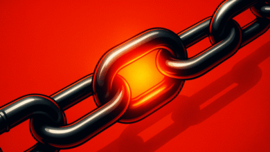 A close-up of a heavy metal chain with a central link glowing intensely with orange and yellow light.