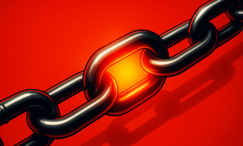 A close-up of a heavy metal chain with a central link glowing intensely with orange and yellow light.