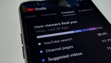 Close-up of a smartphone screen displaying YouTube Studio content analytics.