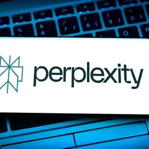Perplexity AI logo and name displayed on a white bar over a laptop keyboard.