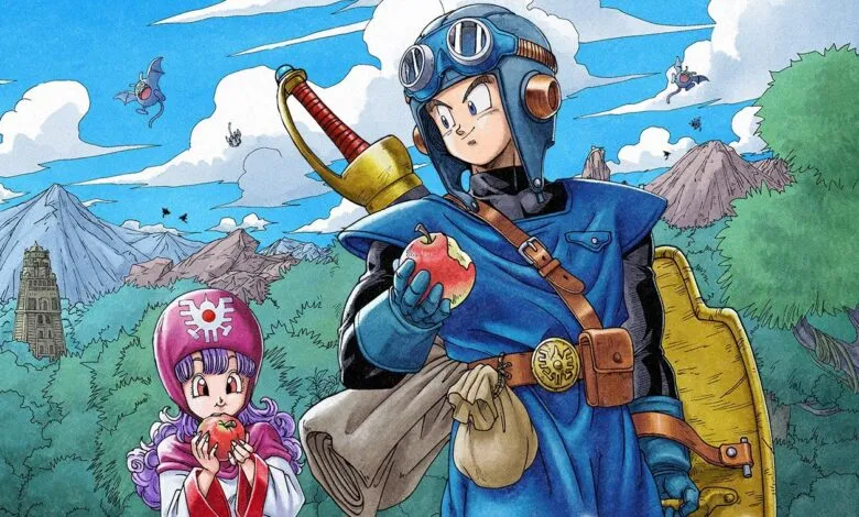 Anime characters, a boy with goggles and a sword, and a girl with a pink hat, in a fantasy landscape.