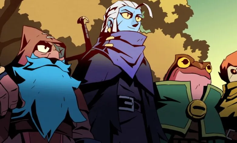 Four stylized fantasy characters with distinct appearances stand together outdoors.
