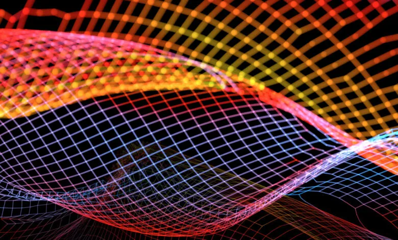 Abstract glowing grid with flowing lines in red, orange, yellow, and blue on black background.