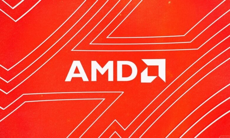 Close-up of the AMD logo on a vibrant red background with white circuit board lines.