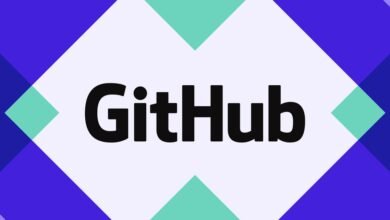 The GitHub logo in black text on a light purple background with geometric blue and teal shapes.