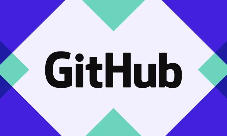 The GitHub logo in black text on a light purple background with geometric shapes.