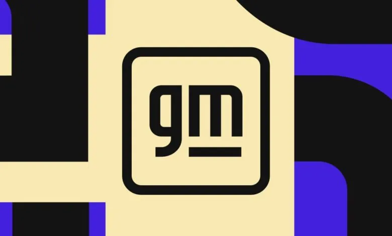 GM logo with abstract geometric background in black, blue, and cream.