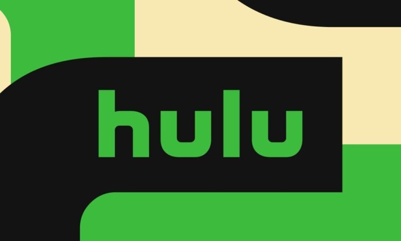The Hulu logo in bright green text on a black background, with abstract shapes in cream and green.