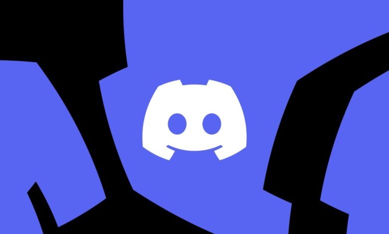 The white Discord logo is centered on a vibrant purple background with abstract black shapes.