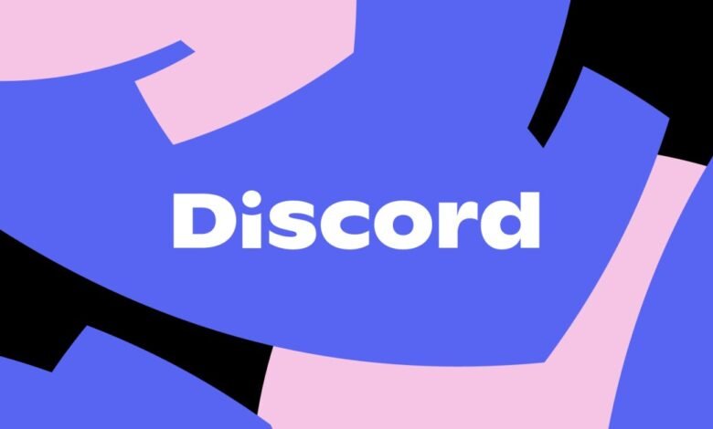The word Discord in white text on a purple background with abstract shapes.
