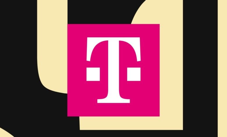 The white T-Mobile logo is centered on a bright pink square, set against a background of abstract shapes in black and cream.