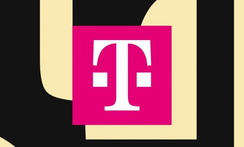 The white T-Mobile logo is centered on a bright pink square, set against a background of abstract shapes in black and cream.