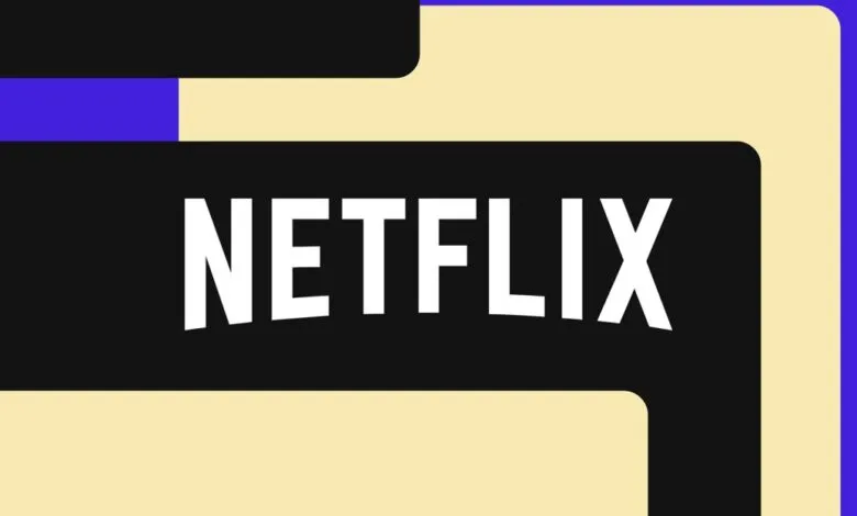 The Netflix logo in white text on a black background with abstract colorful shapes.