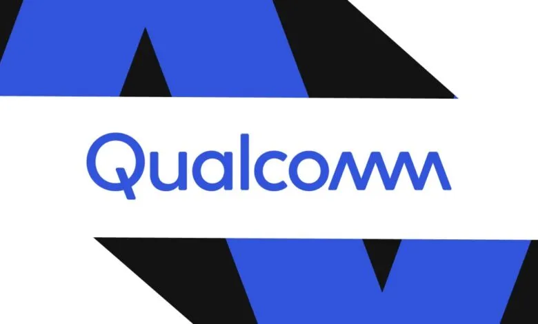 Qualcomm logo in blue on a white background with abstract blue and black geometric shapes.