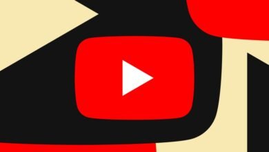 YouTube logo with a white play button on a red background, surrounded by abstract shapes.