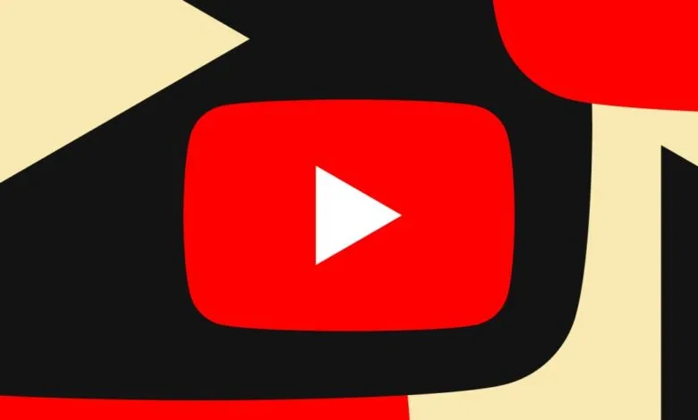 YouTube logo with a white play button on a red background, surrounded by abstract shapes.