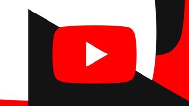 The YouTube logo with a white play button on a red background with abstract black and white shapes.