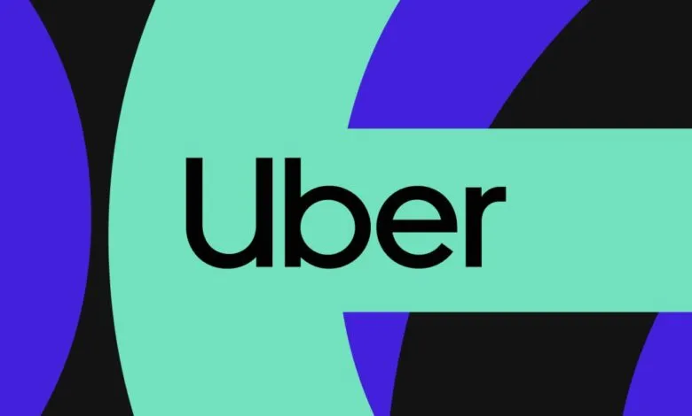 The Uber logo in black text on a mint green background with abstract purple shapes.