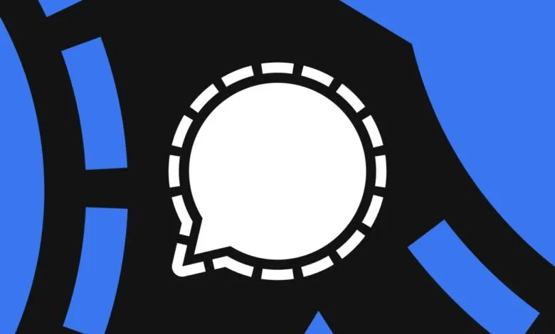 Signal messaging app logo on a dark background with blue abstract shapes.