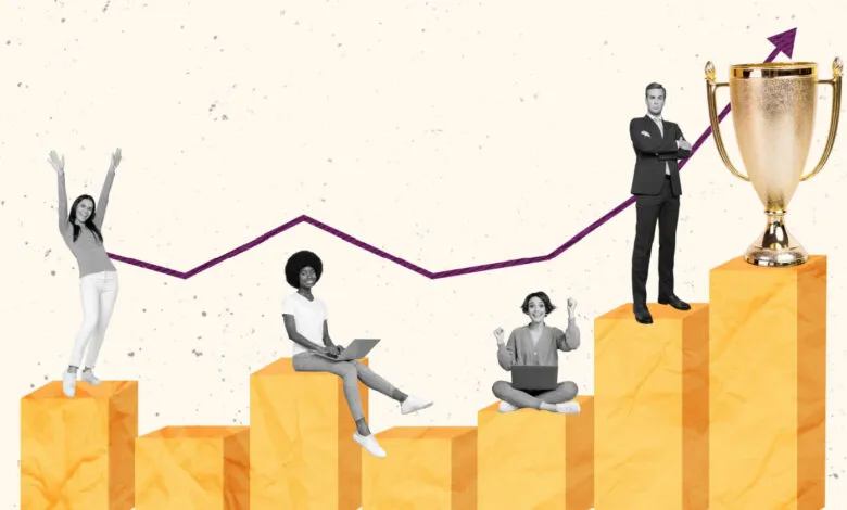 Diverse group of people celebrating success on a rising graph with a trophy.