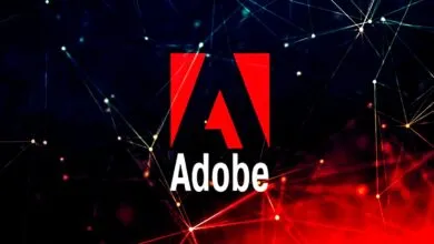 The red Adobe logo with the word 'Adobe' below it, set against a dark background with a network of glowing lines and nodes.