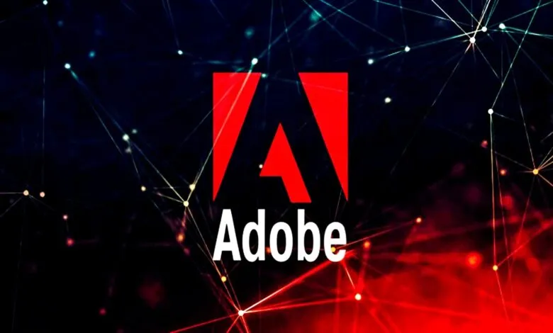 The red Adobe logo with the word 'Adobe' below it, set against a dark background with a network of glowing lines and nodes.
