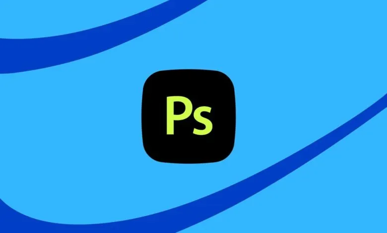 The Adobe Photoshop logo with 'Ps' in lime green on a black square against a bright blue background with dark blue curved lines.