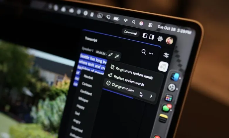 Close-up of a laptop screen showing audio editing software with transcript and emotion options.