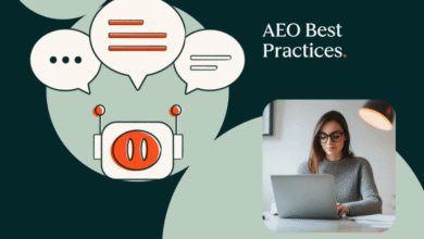 Illustration of a robot with speech bubbles and a woman working on a laptop.