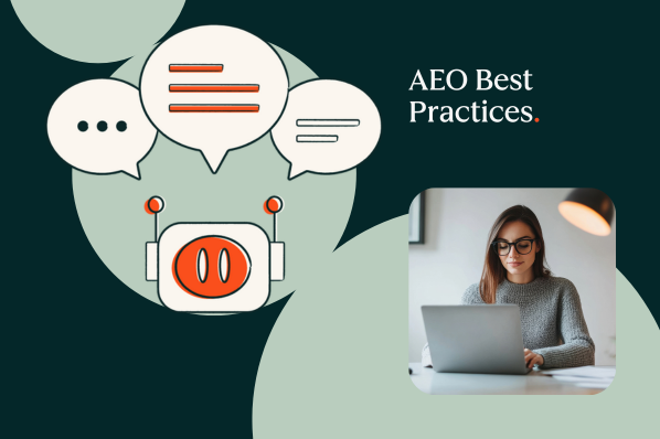 Illustration of a robot with speech bubbles and a woman working on a laptop.
