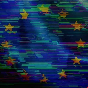 Glitching European Union flag with distorted blue and yellow colors.