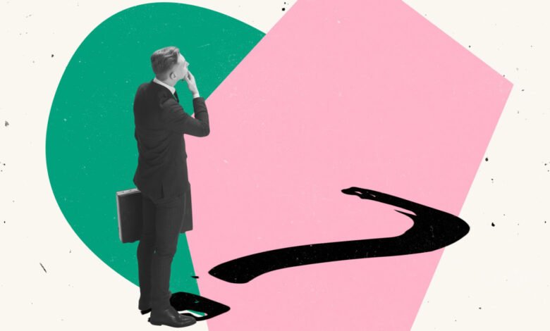 Man in suit looking at a winding black path on a pink and green background.