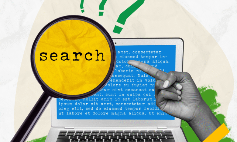 A hand points to a laptop screen displaying text, with a magnifying glass focused on the word 'search'.