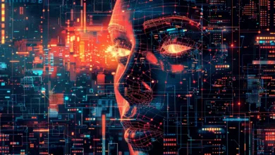 Wireframe of a human face with glowing eyes against a backdrop of digital city lights.