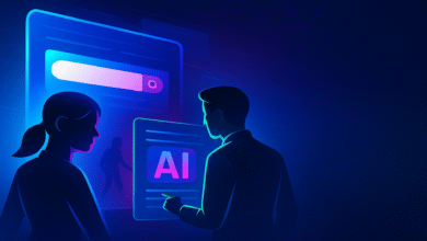 Silhouettes of two people interacting with digital interfaces displaying AI and a search bar.