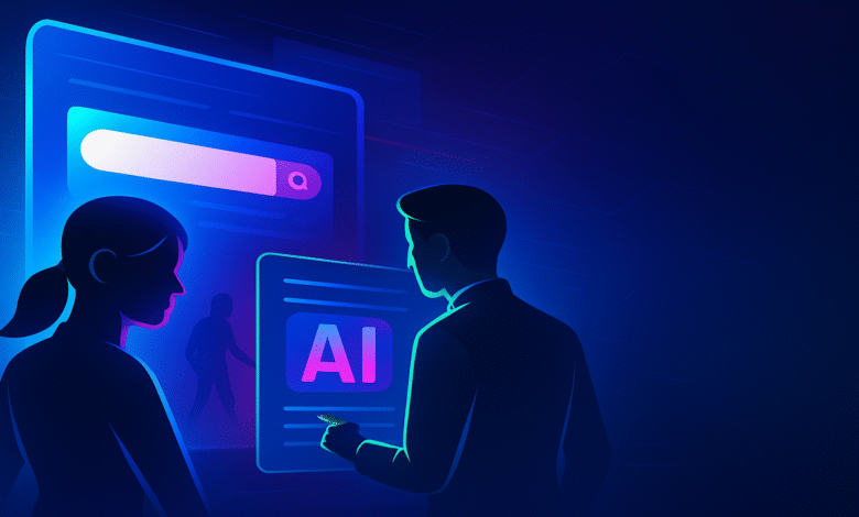 Silhouettes of two people interacting with digital interfaces displaying AI and a search bar.