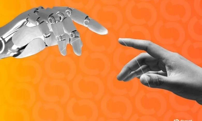 A robotic hand reaching towards a human hand against an orange background.