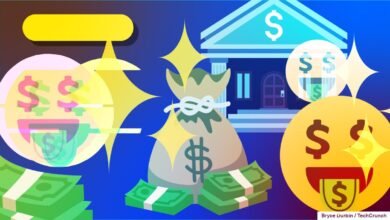 Illustration of money bag, stacks of cash, and money-themed emojis with a bank building in the background.