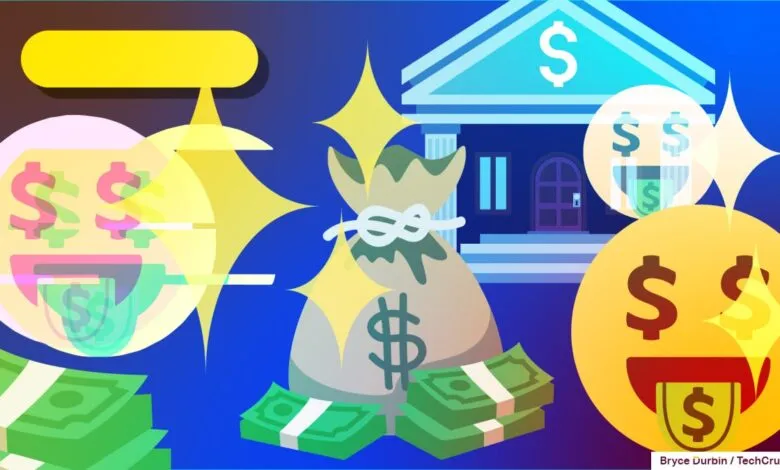Illustration of money bag, stacks of cash, and money-themed emojis with a bank building in the background.