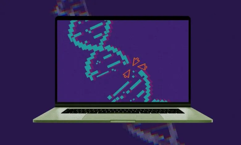 Laptop screen displaying a pixelated DNA strand with orange cursor arrows pointing to a break.
