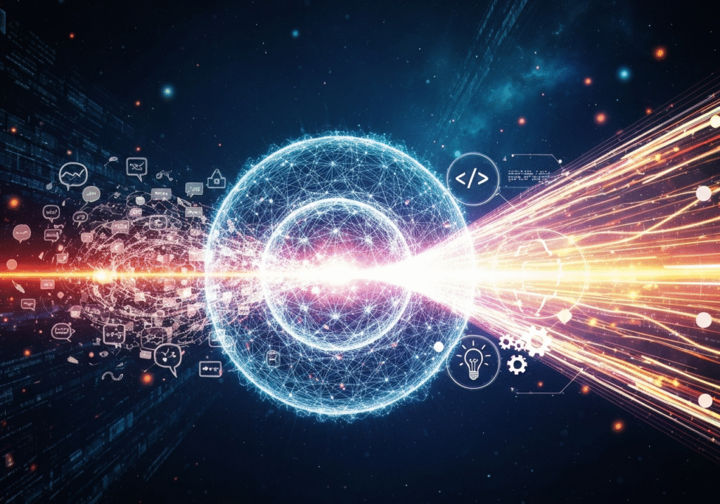 Abstract visualization of data flow and artificial intelligence, with glowing spheres and light trails.