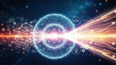 Abstract visualization of data flow and artificial intelligence, with glowing spheres and light trails.