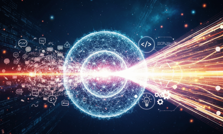 Abstract visualization of data flow and artificial intelligence, with glowing spheres and light trails.