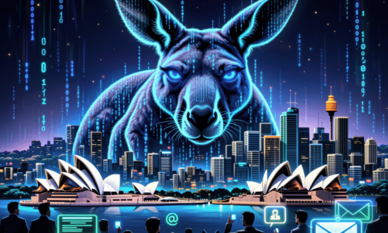 Giant neon kangaroo looms over Sydney skyline with digital code falling.